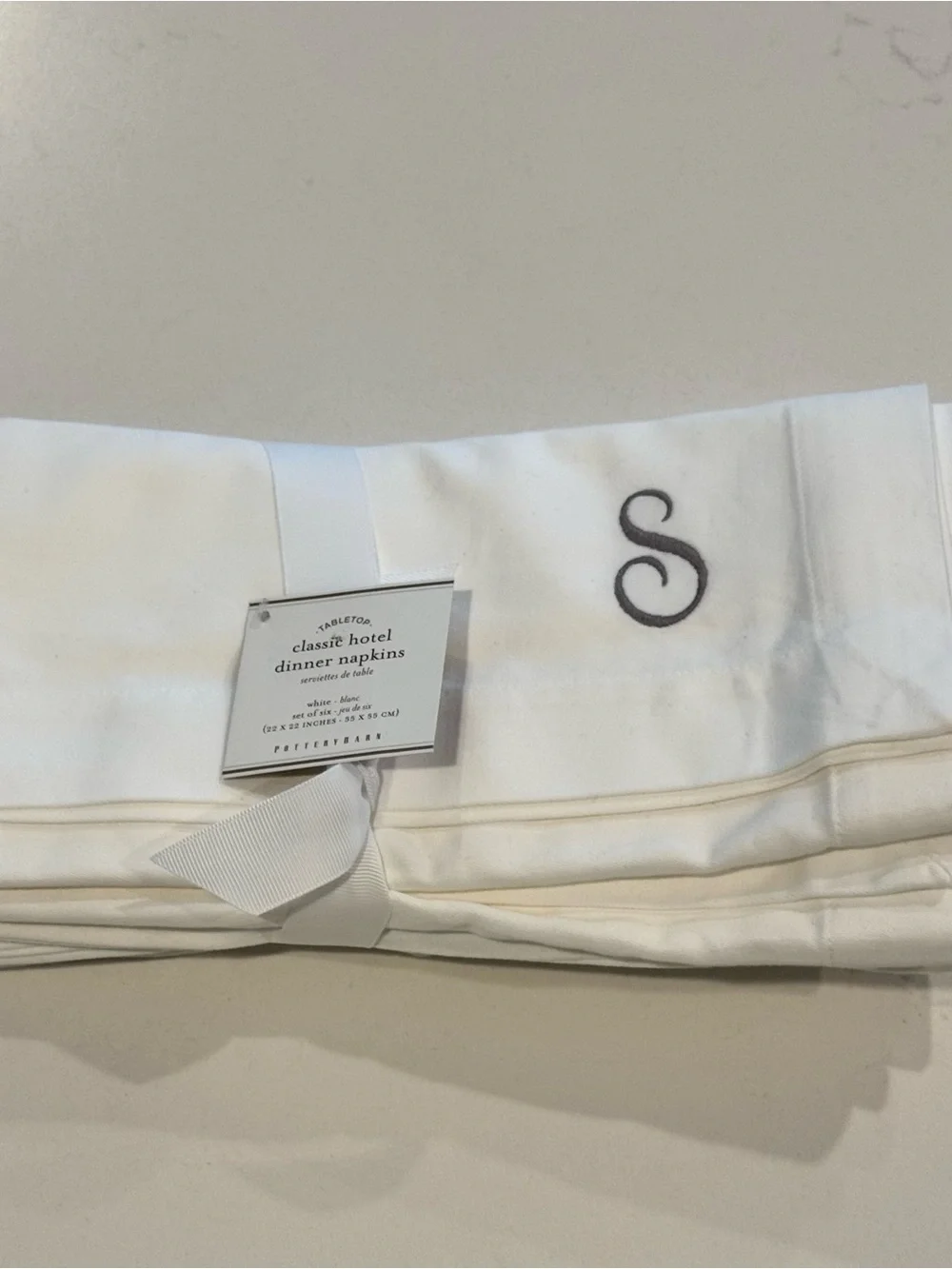 Pottery Barn Hotel Monogrammed White Table Napkins with Gray 'S'